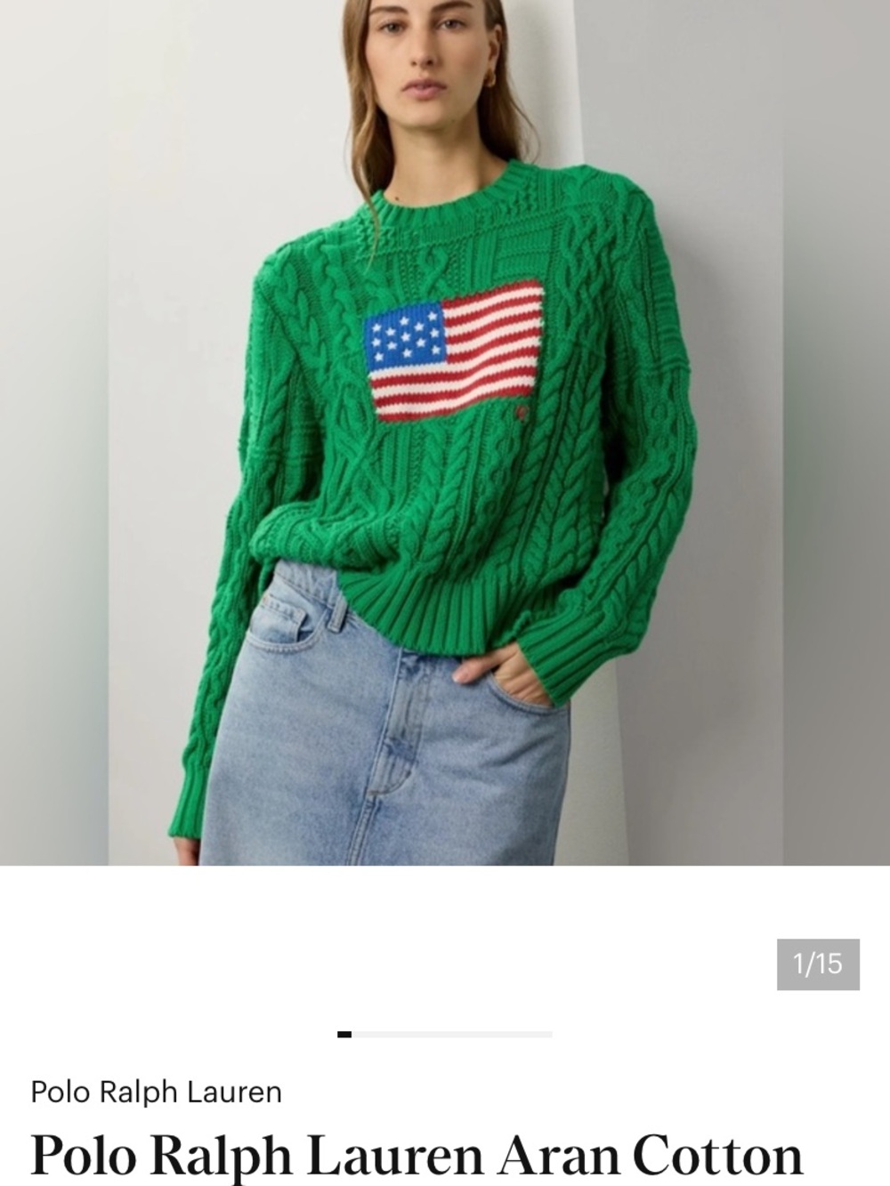 Polo by Ralph Lauren Green Cable-Knit Crewneck Sweater with American Flag